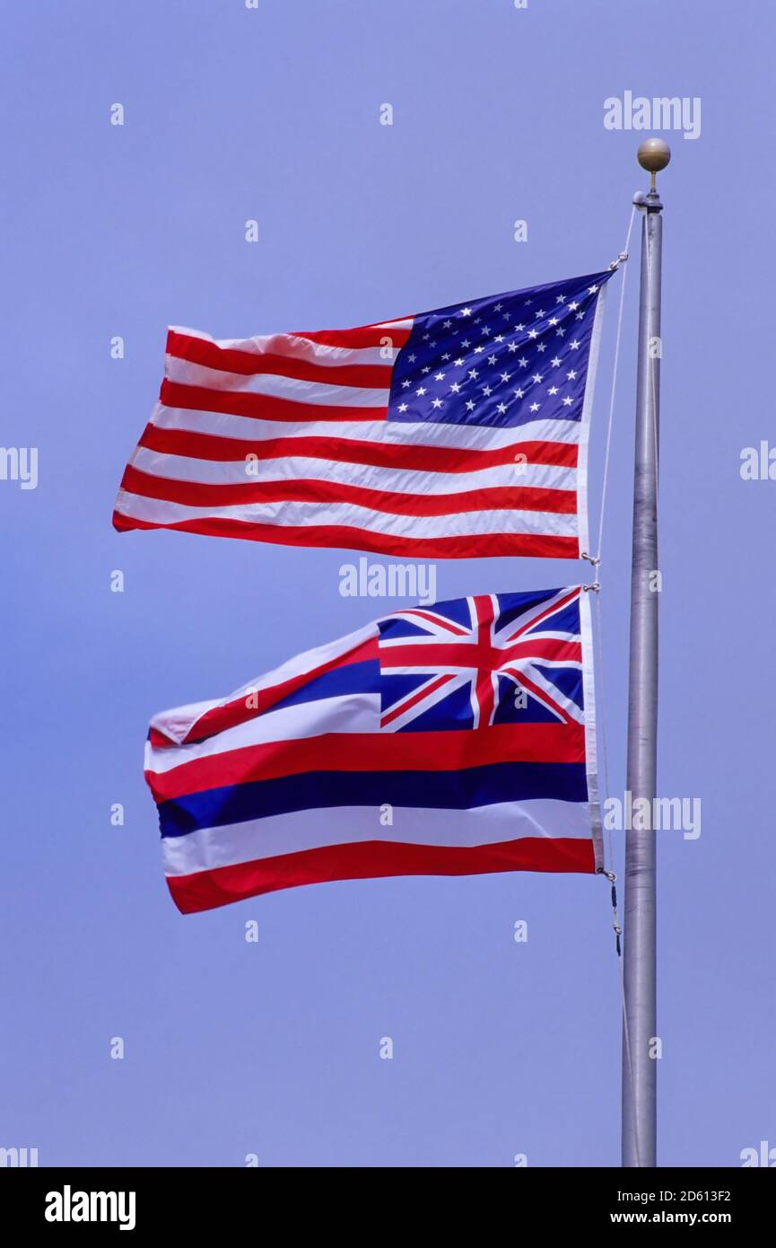 Hawaiian State Flag and US Flag. Stock Photo