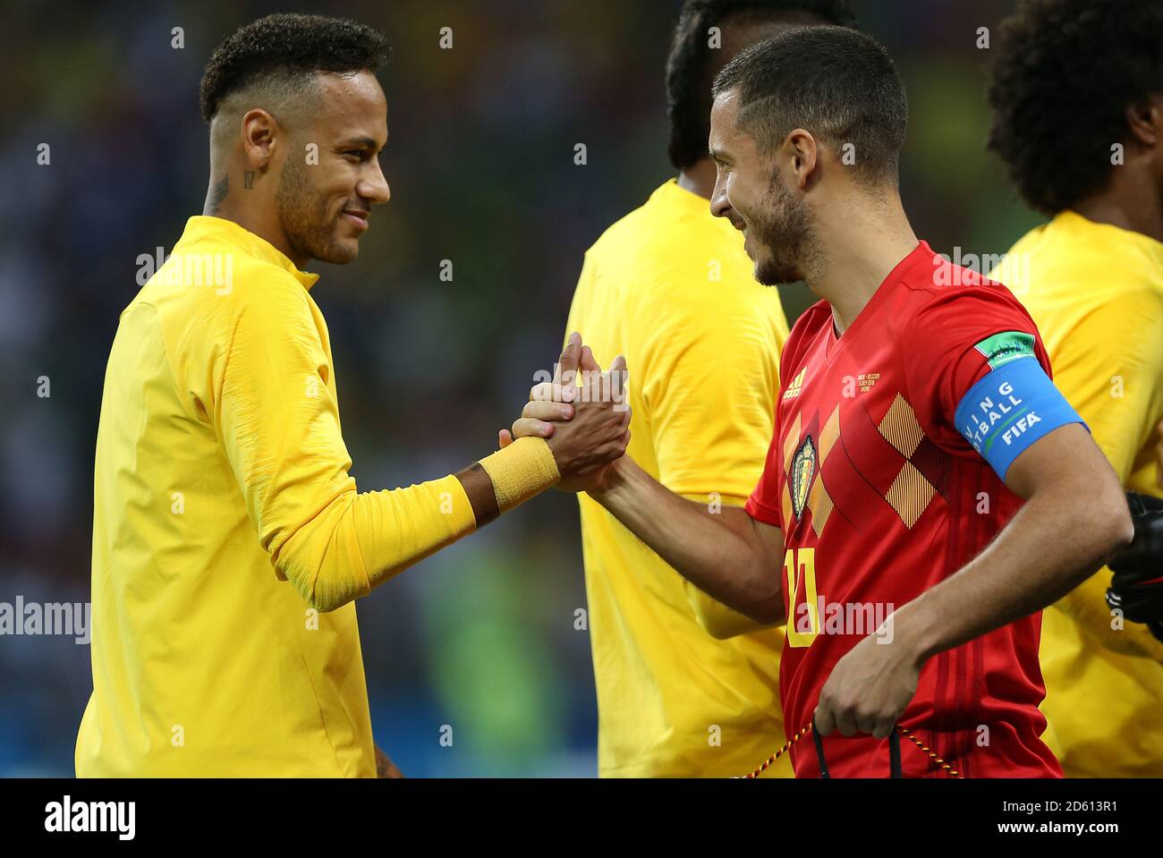 Brazil's Neymar (left) and Belgium's Eden Hazard shake hands prior to kick-off Stock Photo