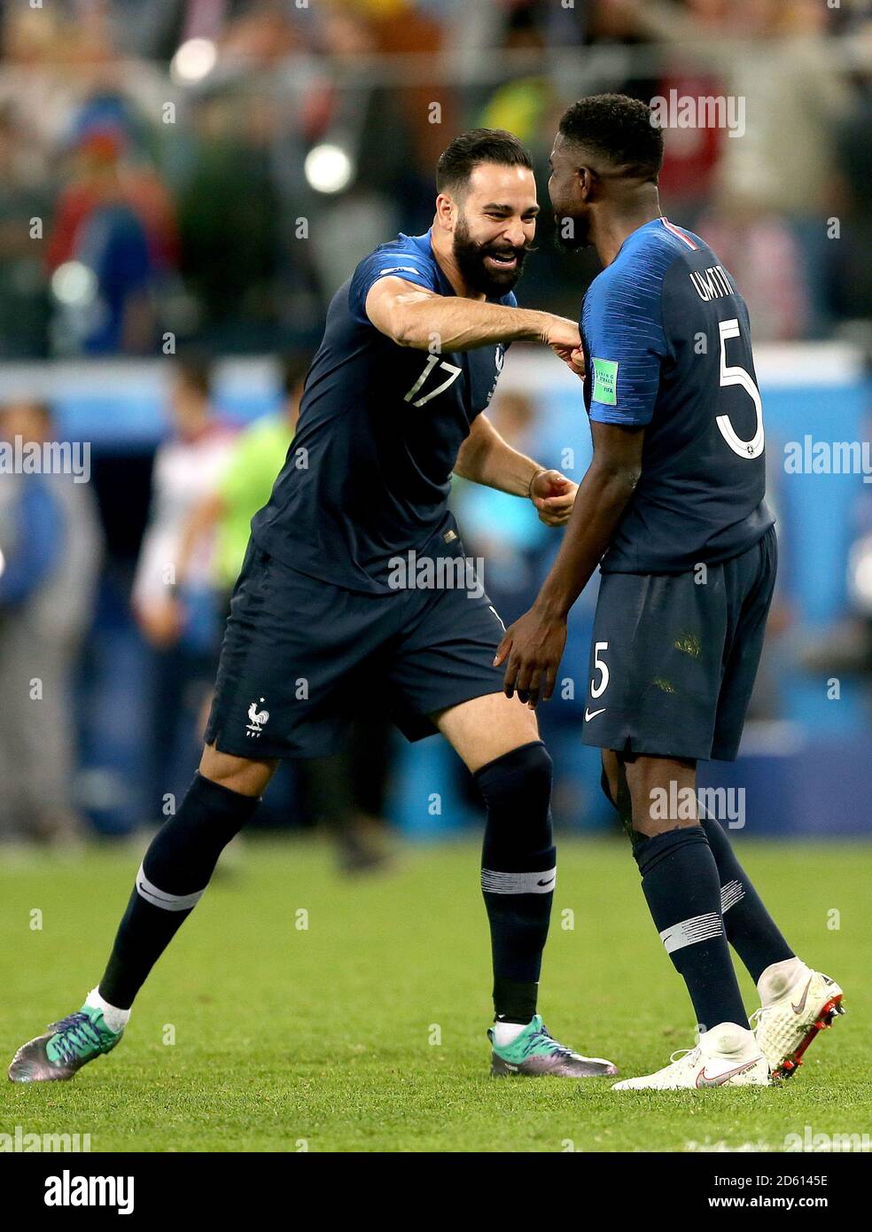 France's Adil Rami (left) and France's Samuel Umtiti (right) celebrate after the final whistle Stock Photo