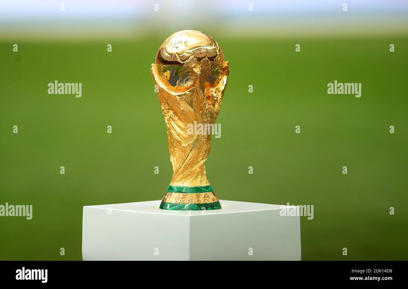 The trophy on display before the FIFA World Cup 2018 final at the Luzhniki Stadium in Moscow, 15th July 2018 Stock Photo