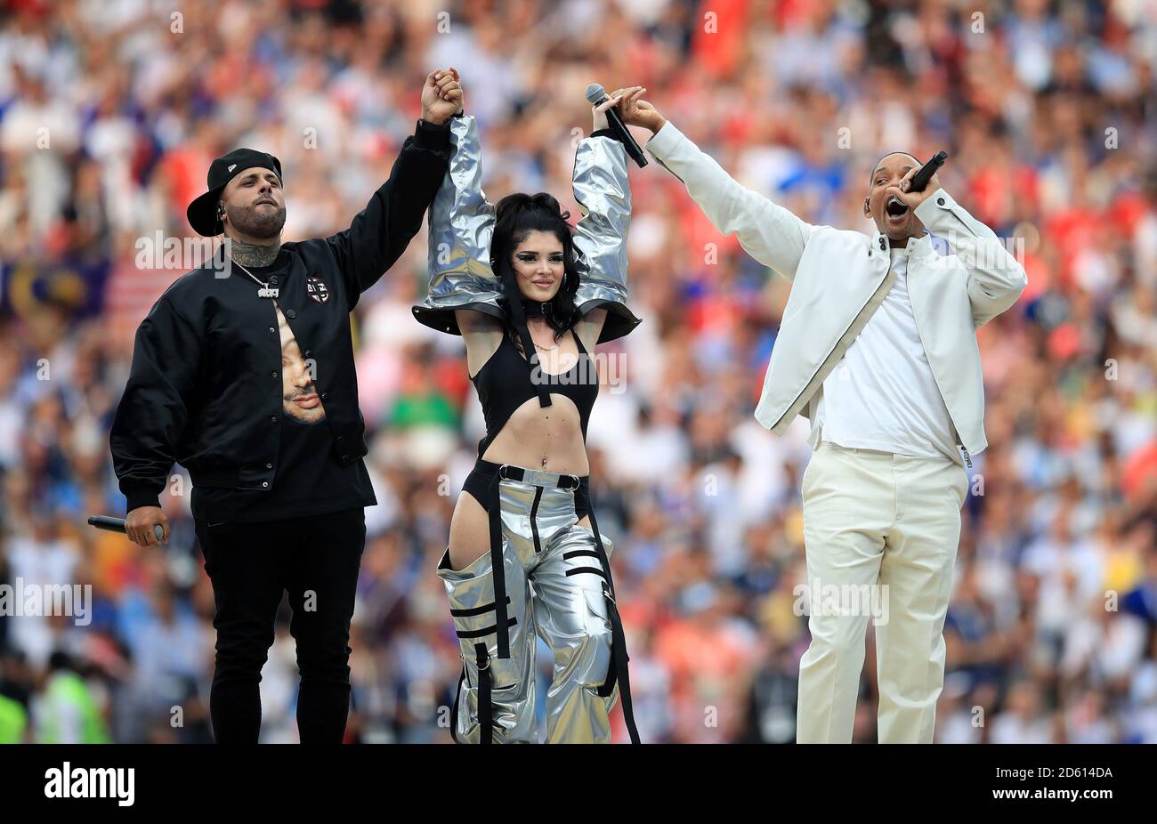 Nicky Jam, Era Istrefi and Will Smith performing for the closing ceremony  before the FIFA World Cup 2018 final at the Luzhniki Stadium in Moscow,  15th July 2018 Stock Photo - Alamy