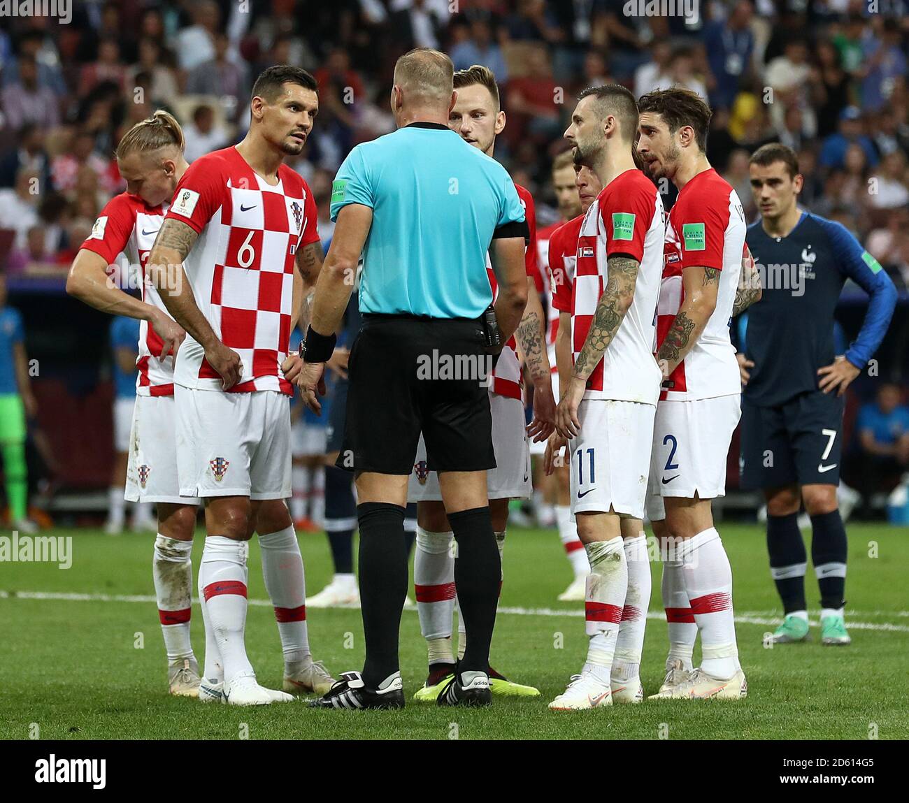 Croatia players appeal to match referee Nestor Pitana after he awards a penalty to France during the FIFA World Cup 2018 final at the Luzhniki Stadium in Moscow, 15th July 2018 Stock Photo
