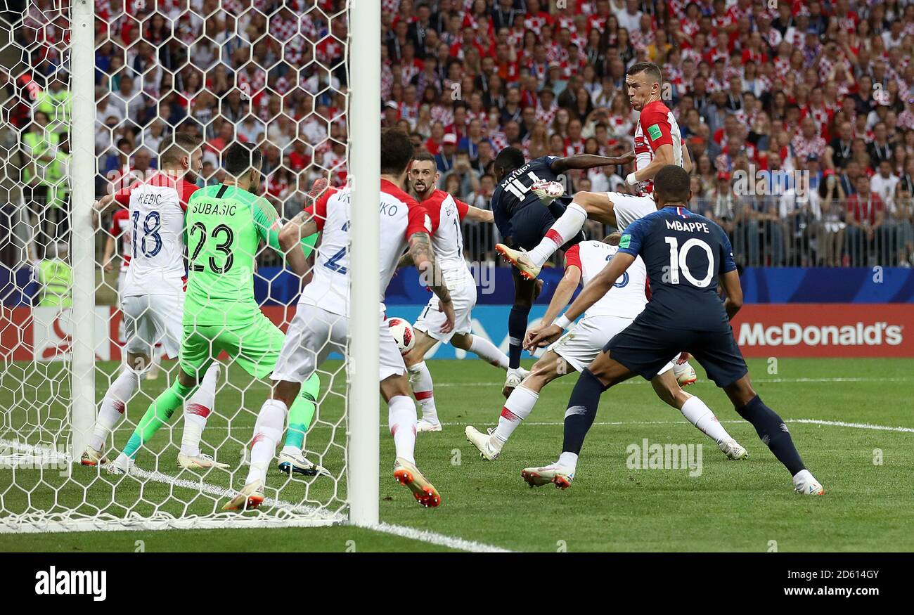 Croatia's Ivan Perisic handles the ball in the area resutling in a penalty after a VAR review during the FIFA World Cup 2018 final at the Luzhniki Stadium in Moscow, 15th July 2018 Stock Photo