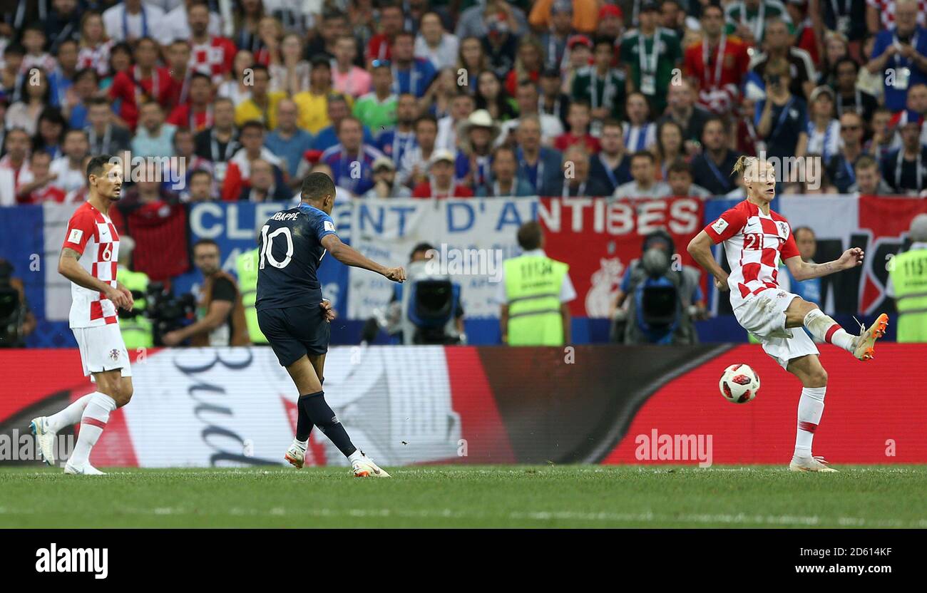 France's Kylian Mbappe scores his side's fourth goal of the game during the FIFA World Cup 2018 final at the Luzhniki Stadium in Moscow, 15th July 2018 Stock Photo