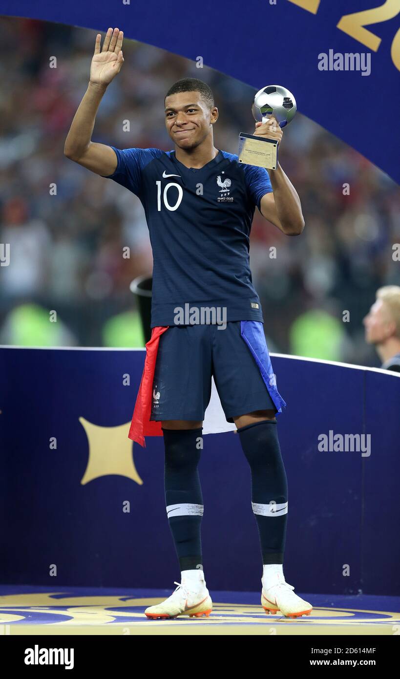 Frances Kylian Mbappe receives the Best Young Player Award after the FIFA World Cup 2018 final at the Luzhniki Stadium in Moscow, 15th July 2018 Stock Photo