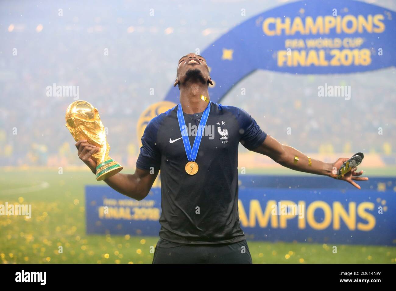 France's Paul Pogba celebrates with the trophy after France win the FIFA World Cup 2018 Stock Photo