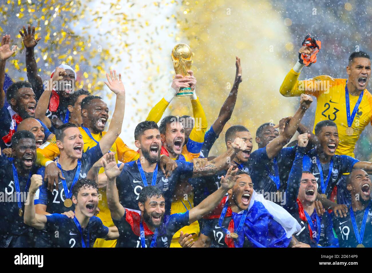France goalkeeper Hugo Lloris lifts the trophy with team mates after France win the FIFA World Cup 2018 Stock Photo
