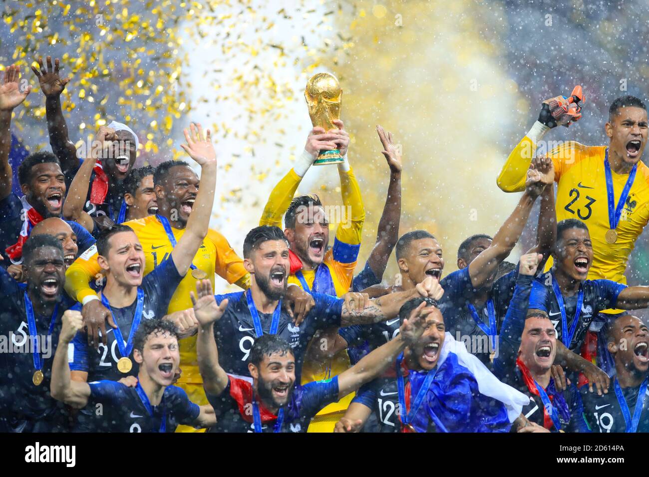 France goalkeeper Hugo Lloris lifts the trophy with team mates after France win the FIFA World Cup 2018 Stock Photo