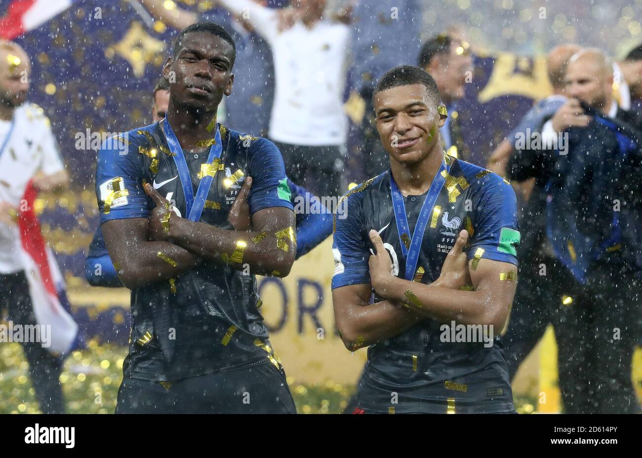 France's Paul Pogba (left) and Kylian Mbappe celebrate after the FIFA World Cup 2018 final at the Luzhniki Stadium in Moscow, 15th July 2018 Stock Photo