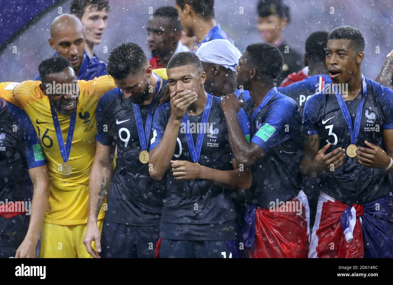 France's Kylian Mbappe (centre) celebrates after the FIFA World Cup 2018 final at the Luzhniki Stadium in Moscow, 15th July 2018 Stock Photo