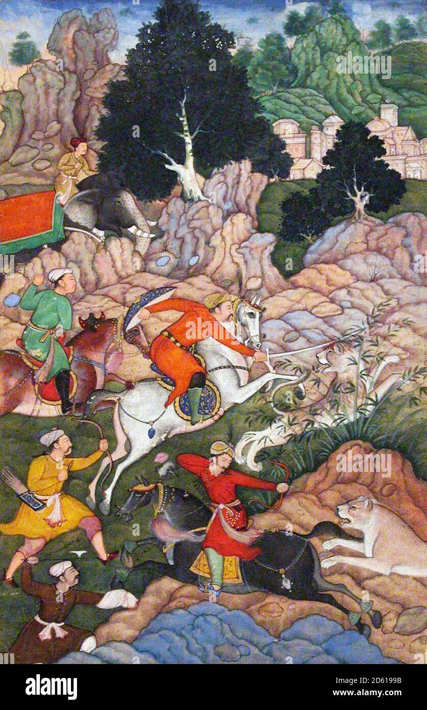 akbar the great painting entitled akbar hunting showing the third mughal emperor abul fath jalal ud din muhammad akbar 1542 1605 from an illustrated manuscript of the akbarnama the chronicle of emperor akbars life late 16th century 2D6199B