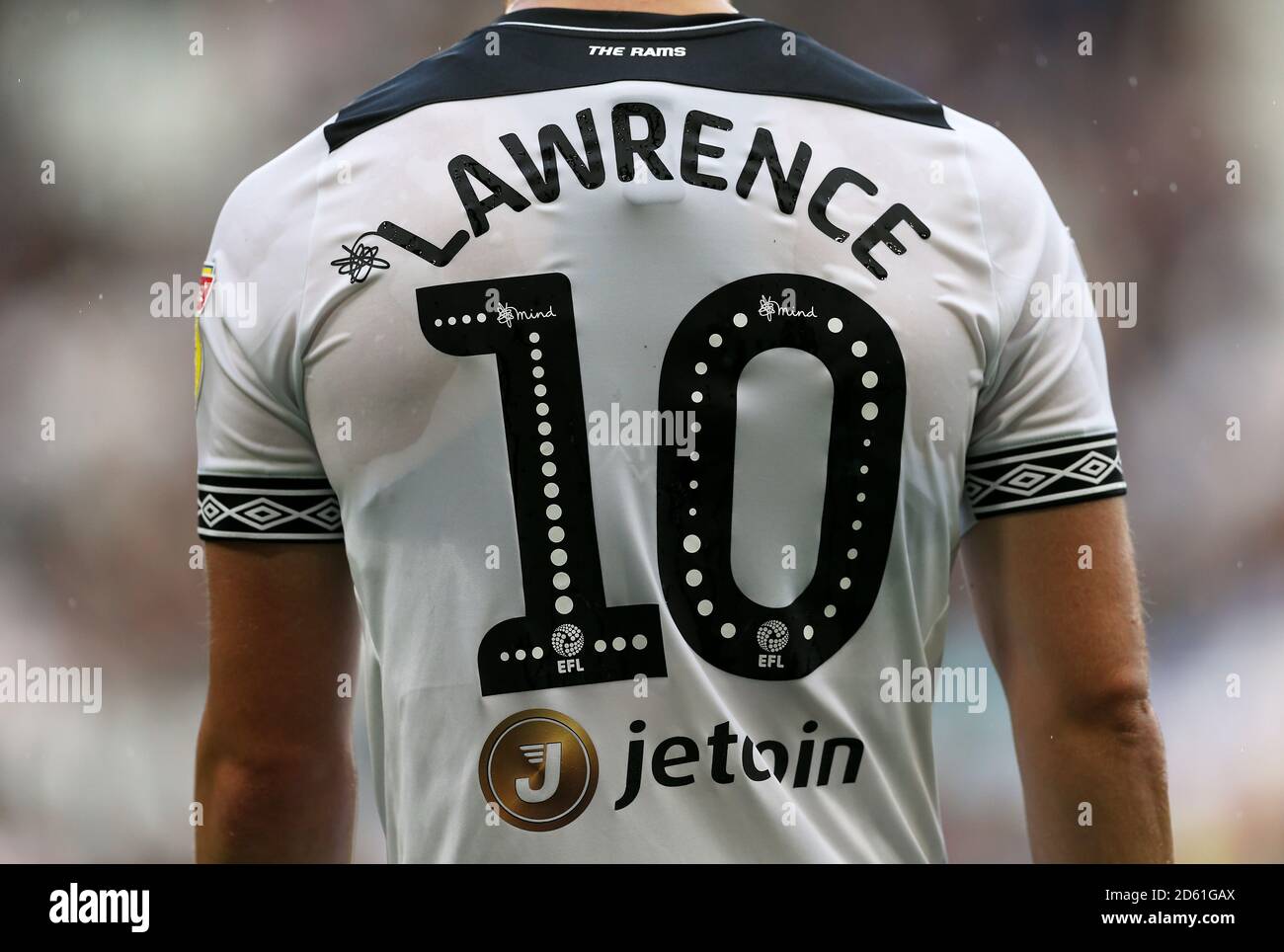 Close up of Derby County's Tom Lawrence with the Mind Charity branding Stock Photo