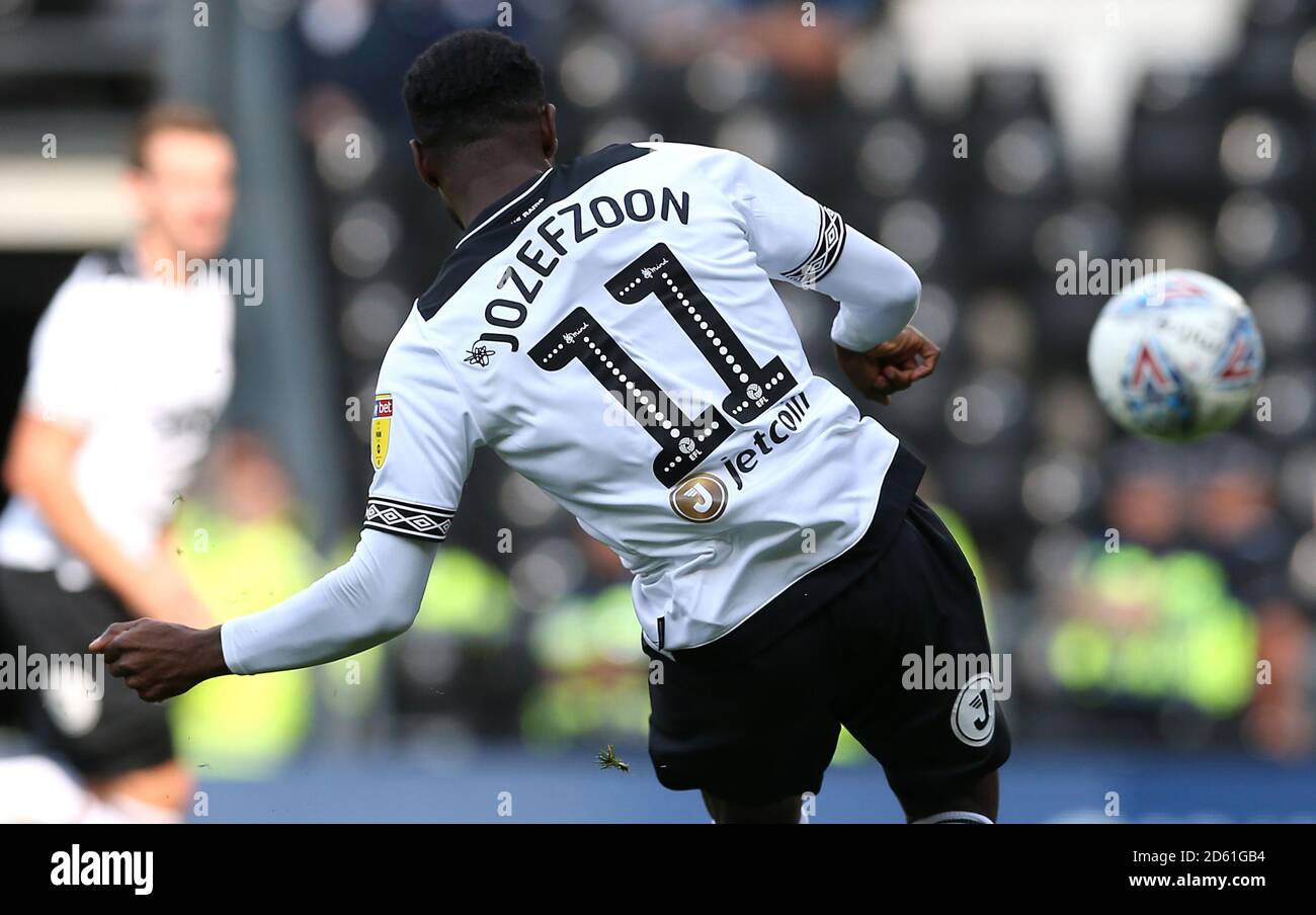 Derby County's Florian Jozefzoon with the Mind Charity branding on his back Stock Photo