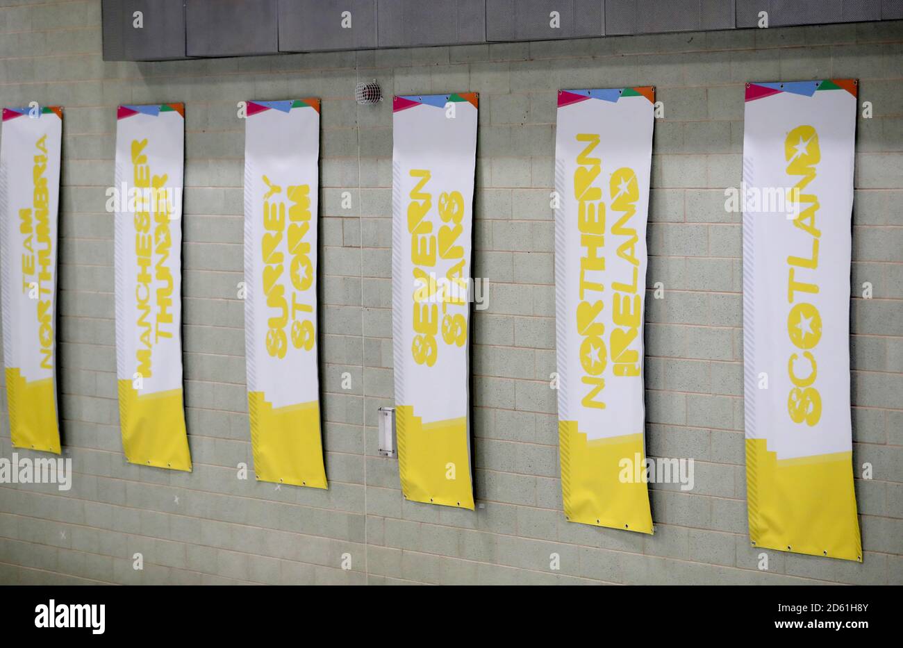 A general view of team banners on display in the Netball during the 2018 School Games held at Loughborough University.  Stock Photo