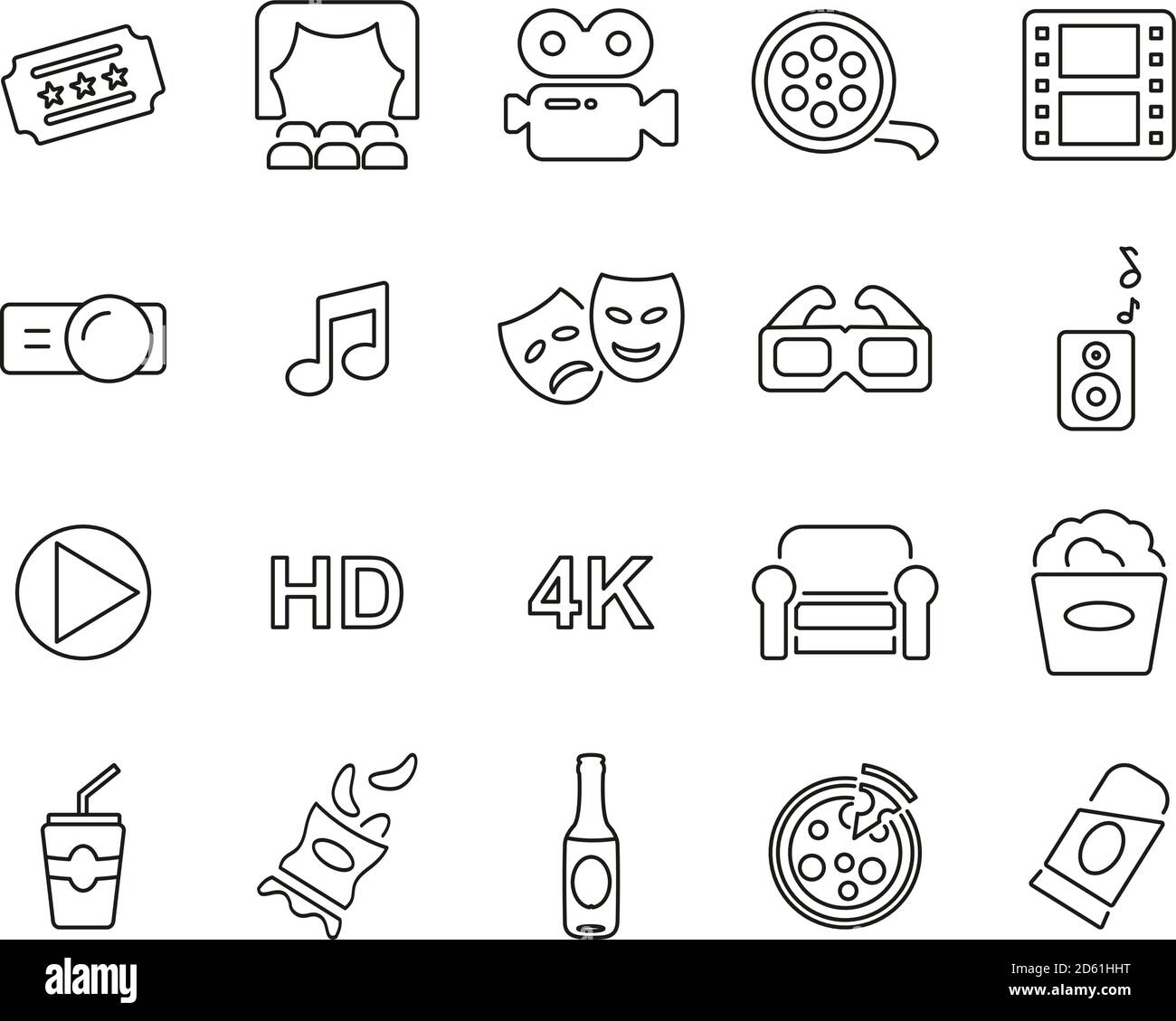 Cinema Or Movie Theater Icons Thin Line Set Big Stock Vector Image ...