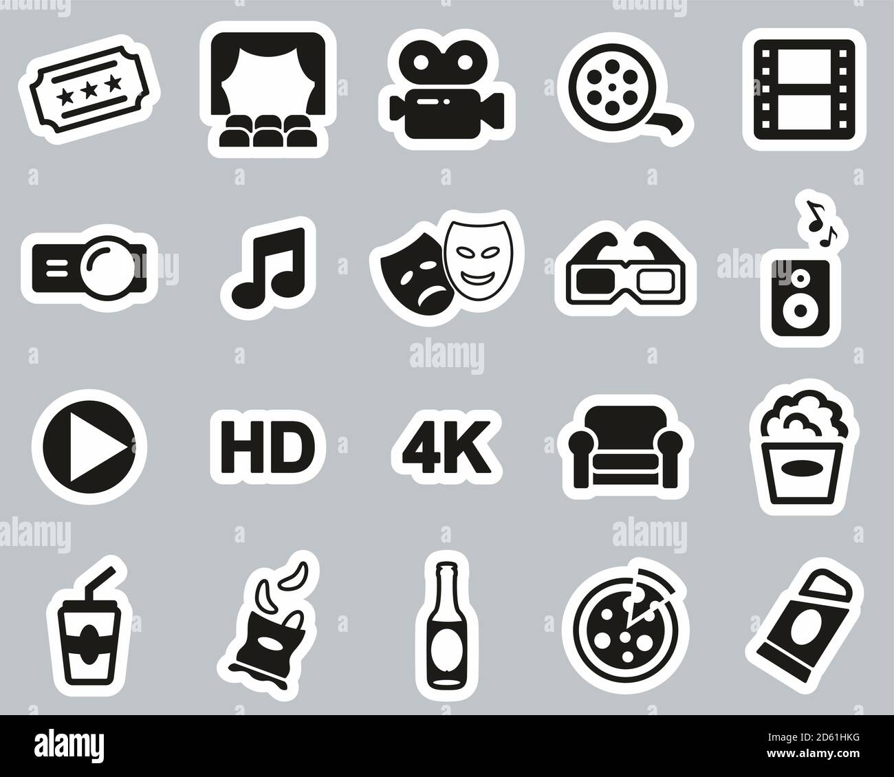 Cinema or Movie Theater Icons Black & White Sticker Set Big Stock