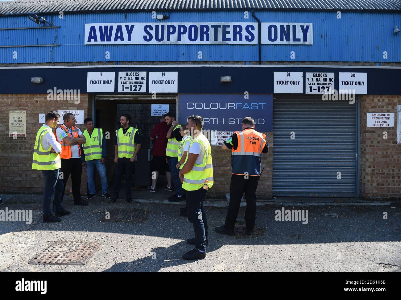 Away supporters turnstiles at Roots Hall, home of Southend United Stock Photo