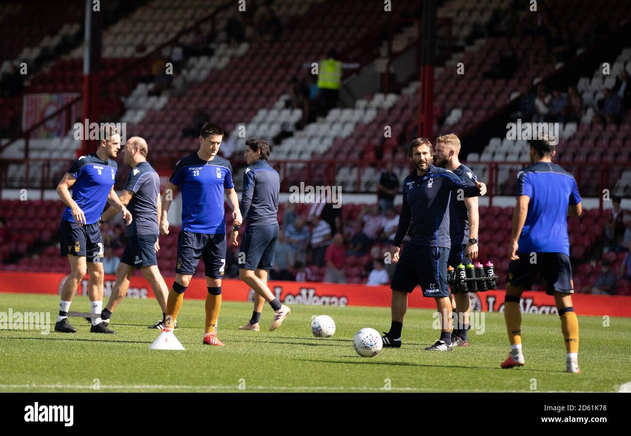 Nottingham Forest players warm up before the Brentford's and Nottingham Forest's Stock Photo