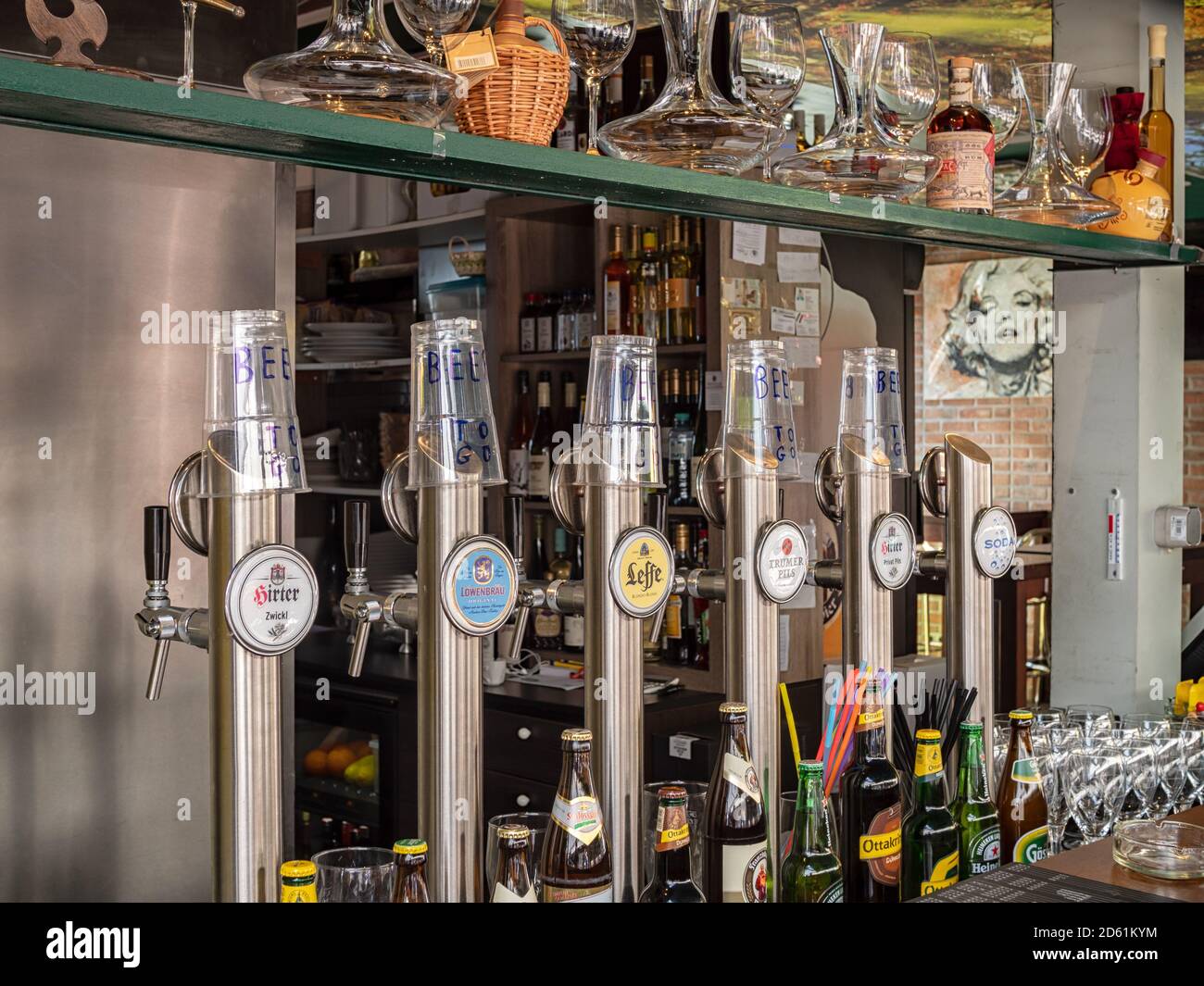 VIENNA, AUSTRIA:  Beer pumps or Beer Tap in a bar Stock Photo
