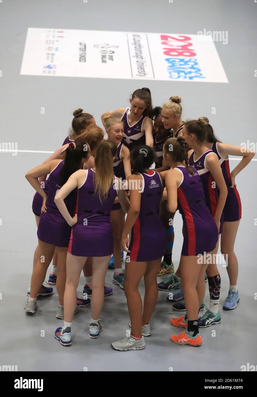 Loughborough Lightning in a huddle during the Netball competition at