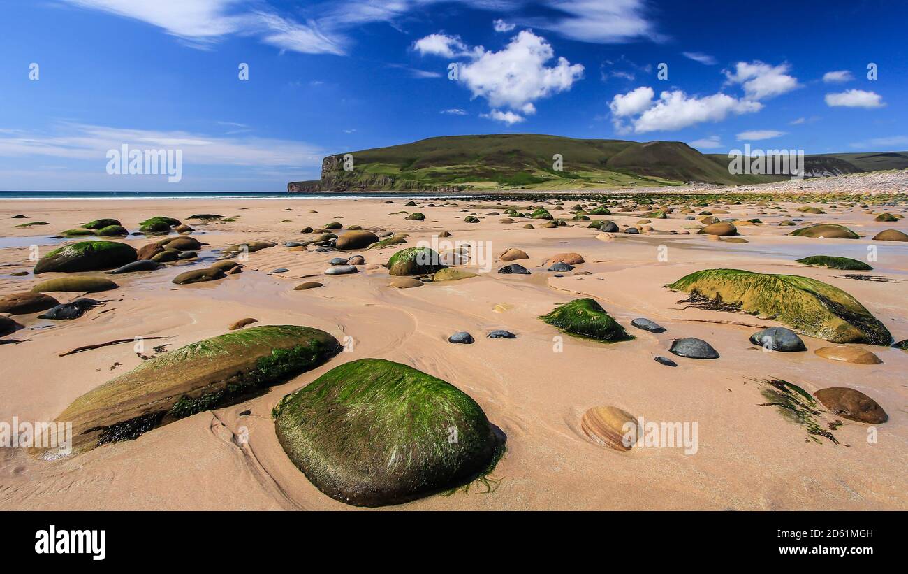 Rackwick beach where magnificent views of Scottish landscapes and variety of wildlife make this place perfect holiday destination Stock Photo