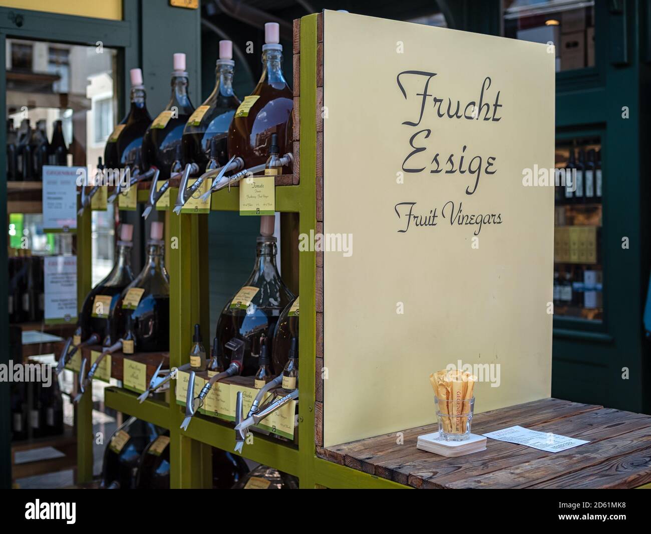 VIENNA, AUSTRIA:  Fruit Vinegars (frucht essige) for sale in delicatessen Stock Photo