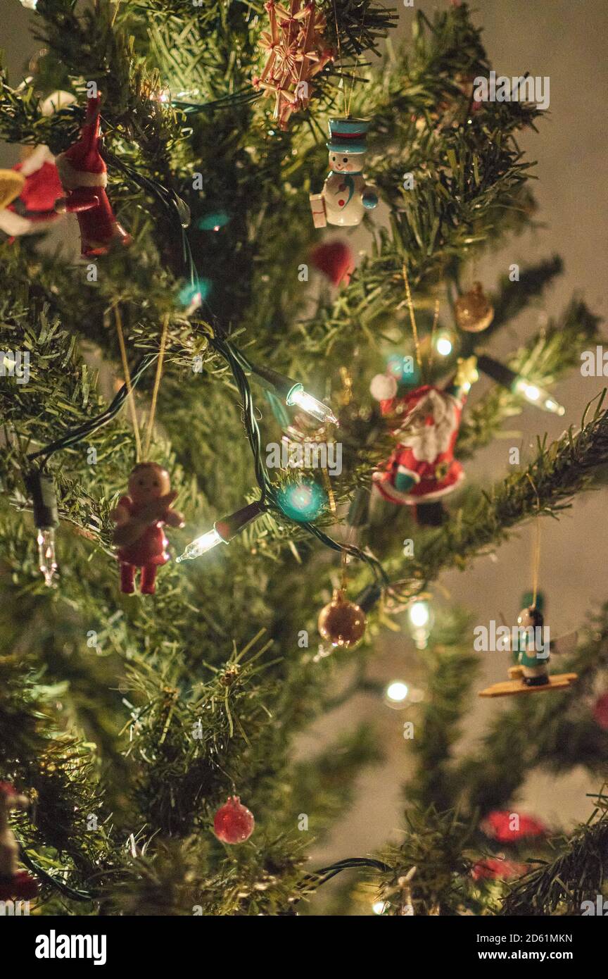 Christmas tree with traditional lights and decorations Stock Photo