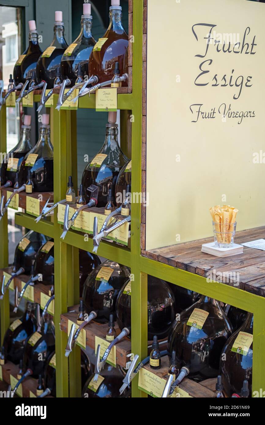 VIENNA, AUSTRIA - JULY 15, 2019:  Fruit Vinegars (frucht essige) for sale in delicatessen Stock Photo