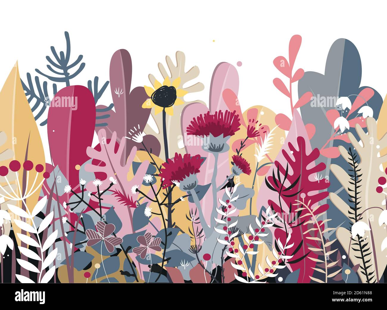 Doodle seamless background of stylized autumn flowers, leaves and trees for greeting cards, textile, or banners. Meadow or forest border Stock Vector