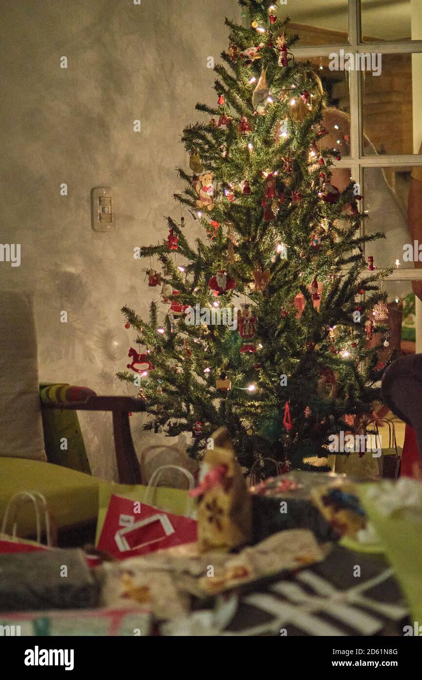 Christmas tree with traditional lights and decorations Stock Photo