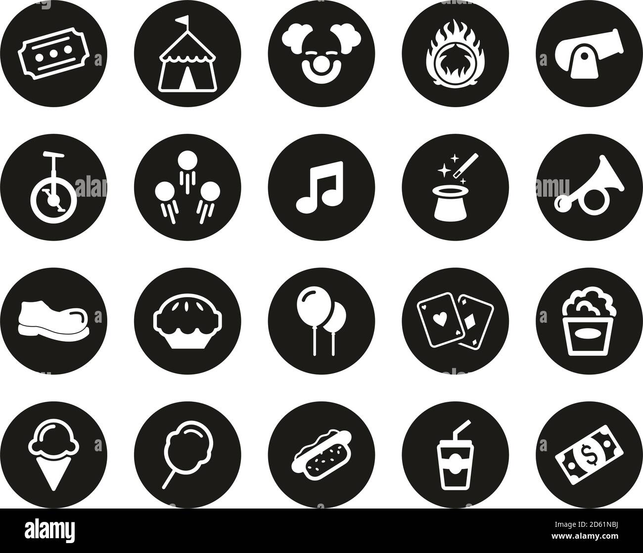 Circus Or Circus Show Icons White On Black Flat Design Circle Set Big ...