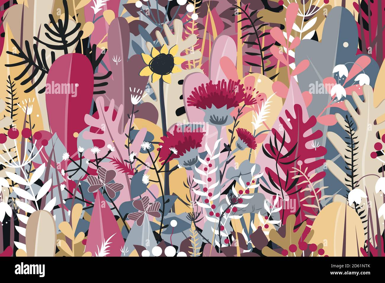Doodle seamless pattern of stylized autumn flowers, leaves and trees for greeting cards, textile, or banners. Meadow or forest autumn grass Stock Vector