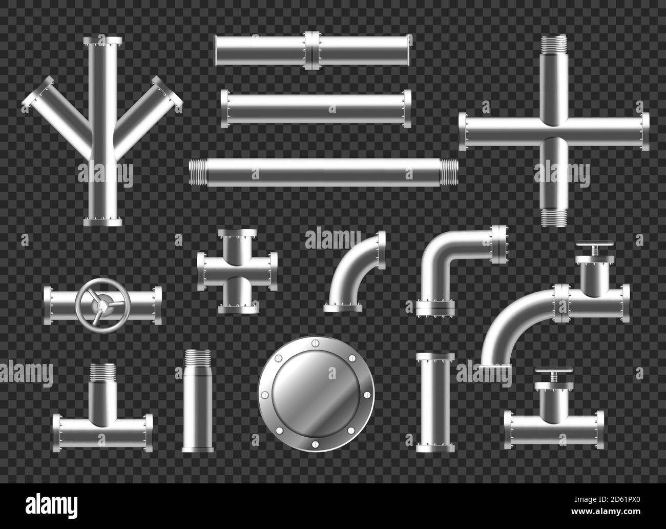 Pipes and tubes plumbing fittings realistic 3d vector set. Metal or plastic pipeline with valves, thread and faucets. Stainless steel metallic ramified connections isolated on transparent background Stock Vector