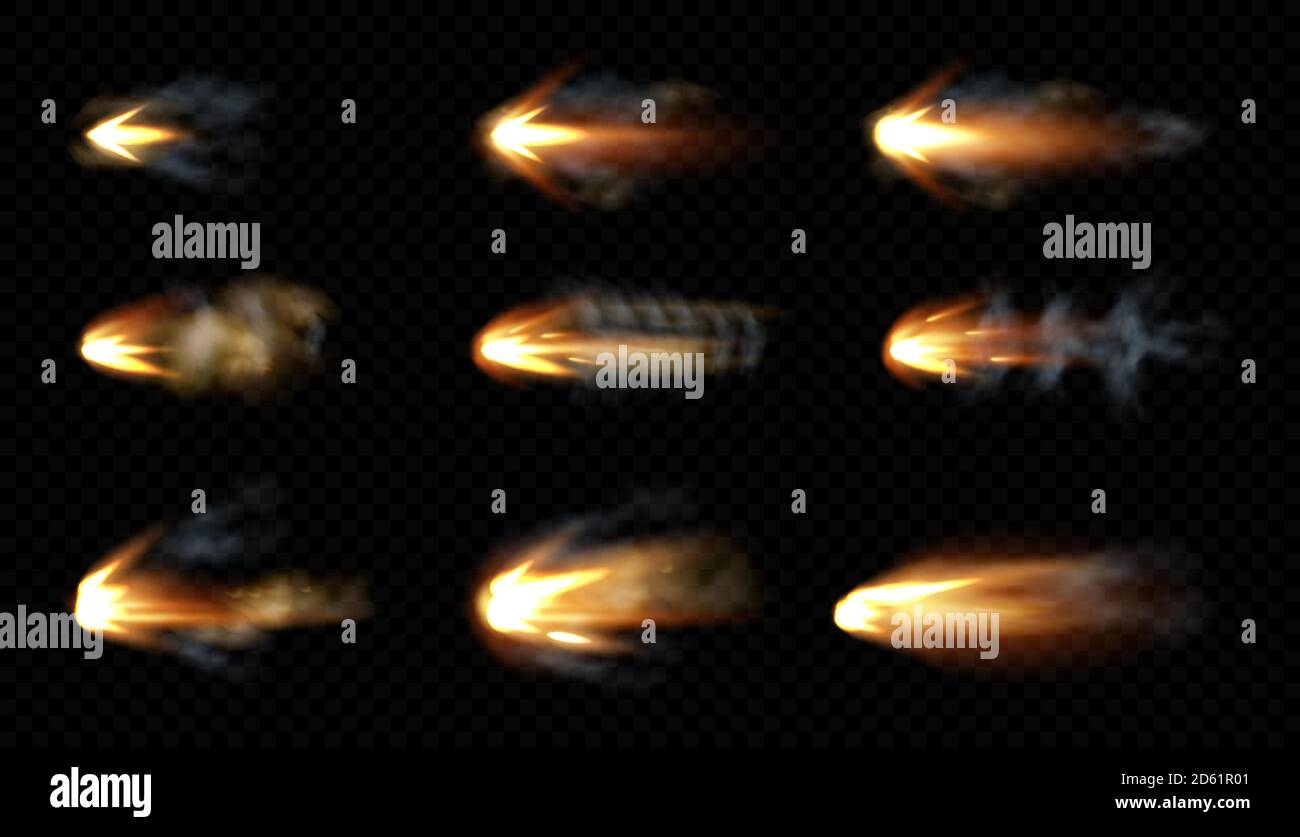 Gun flashes with smoke and fire sparkles. Pistol shots clouds, muzzle shotgun explosion. Blast motion, weapon bullets trails isolated on black background. Realistic 3d vector illustration, icons set Stock Vector