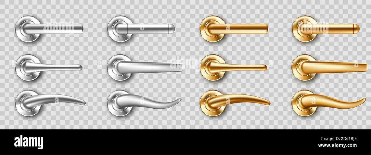 Realistic door handles set, golden and silver knobs of different shapes. Shiny gold and steel modern metal doorknobs, design elements for interior isolated on transparent background 3d vector icons Stock Vector