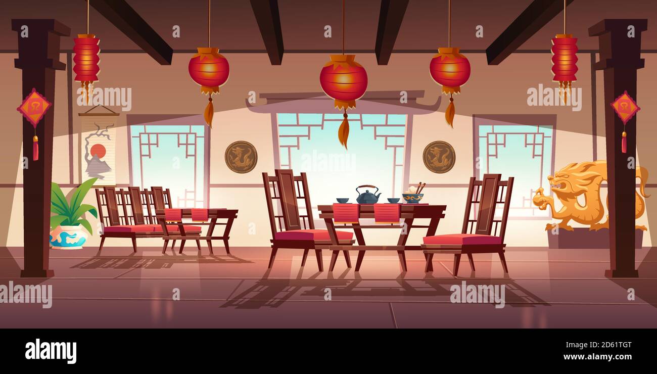 Chinese restaurant with food and tea on wooden table and chairs. Vector  cartoon interior of china cafe with traditional windows, red asian  lanterns, flower and decoration with dragons Stock Vector Image &