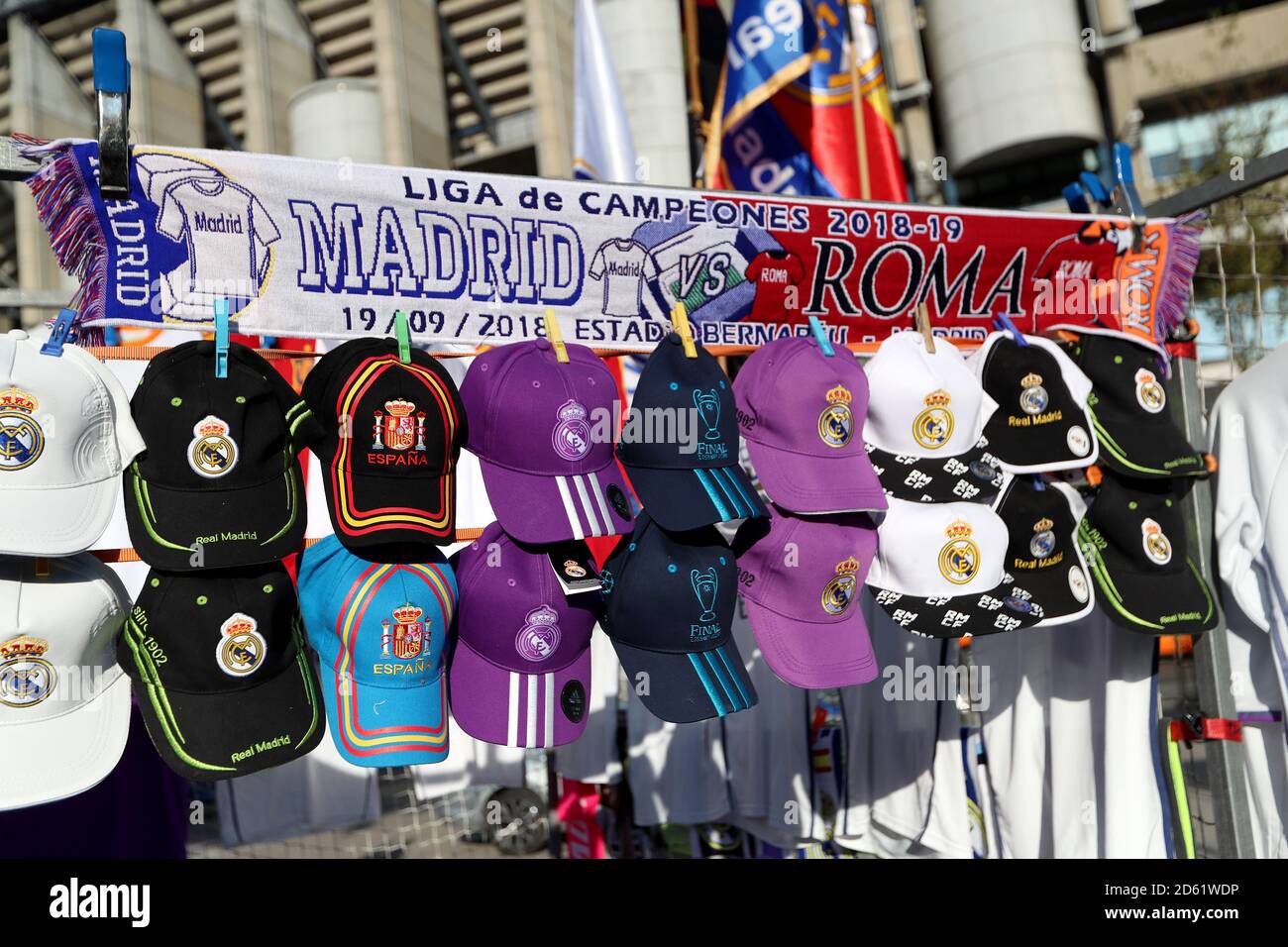 Real Madrid merchandise on sale outside the Santiago Bernabeu Stadium before the game Stock Photo