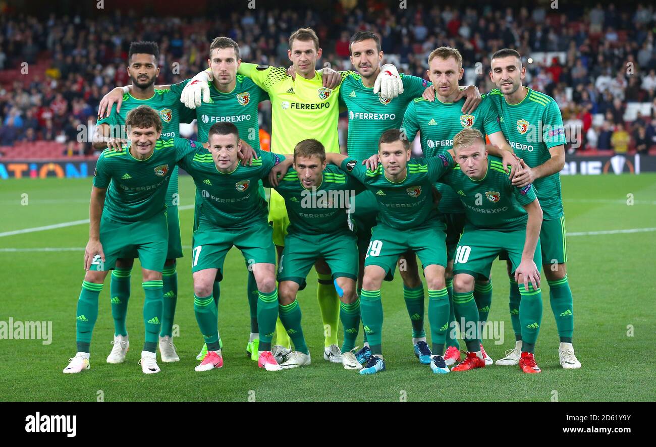 Vorskla team group. Top row (left to right) de Souza Artur,  Volodymyr Chesnakov, Bogdan Shust, Vyacheslav Sharpa, Vladyslav Kulach and Ardin Dallku. Bottom row (left to right)  Pavlo Rebenok, Volodymyr Chesnakov, Igor Perduta, Dmitry Kravchenko and Vladyslav Kulach  Stock Photo