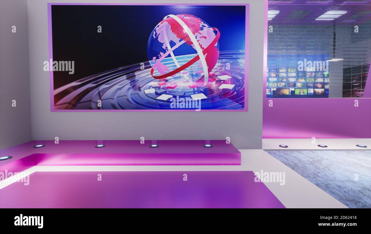 News Studio, Backdrop For TV Shows .TV On Wall.3D Virtual News Studio Background, 3d illustration Stock Photo