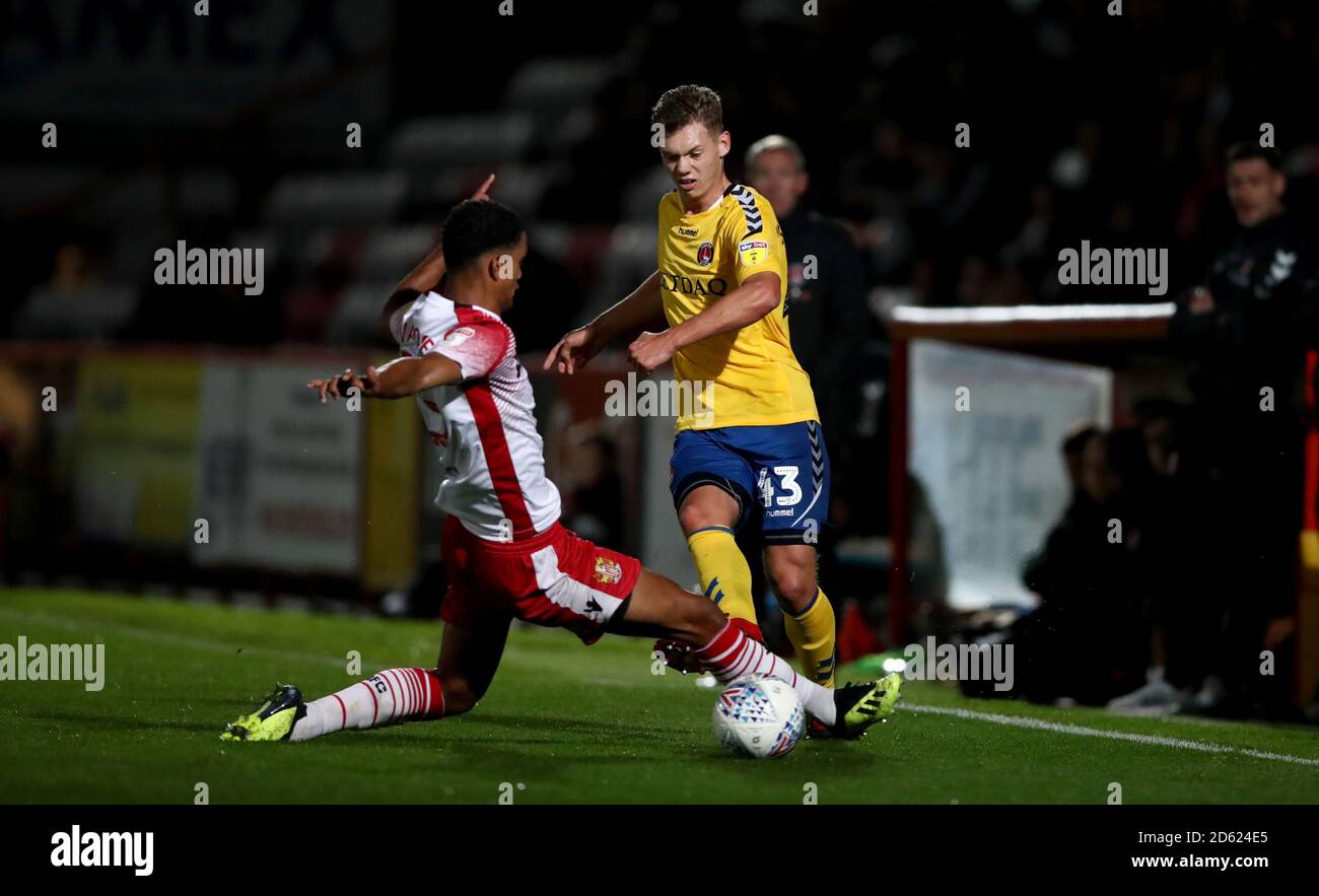 Charlton Athletic's Toby Stevenson (right) is tackled by Stevenage's Terence Vancooten Stock Photo