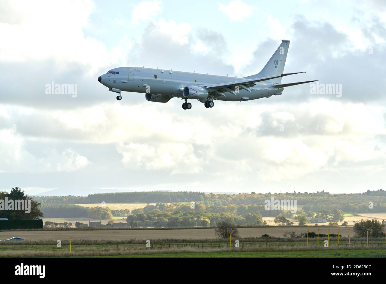 RAF Lossiemouth, Moray, UK. 14th Oct, 2020. UK. This is the Royal Air Force Plane, ZP801, Pride of Moray arriving at its home base. Credit: JASPERIMAGE/Alamy Live News Stock Photo