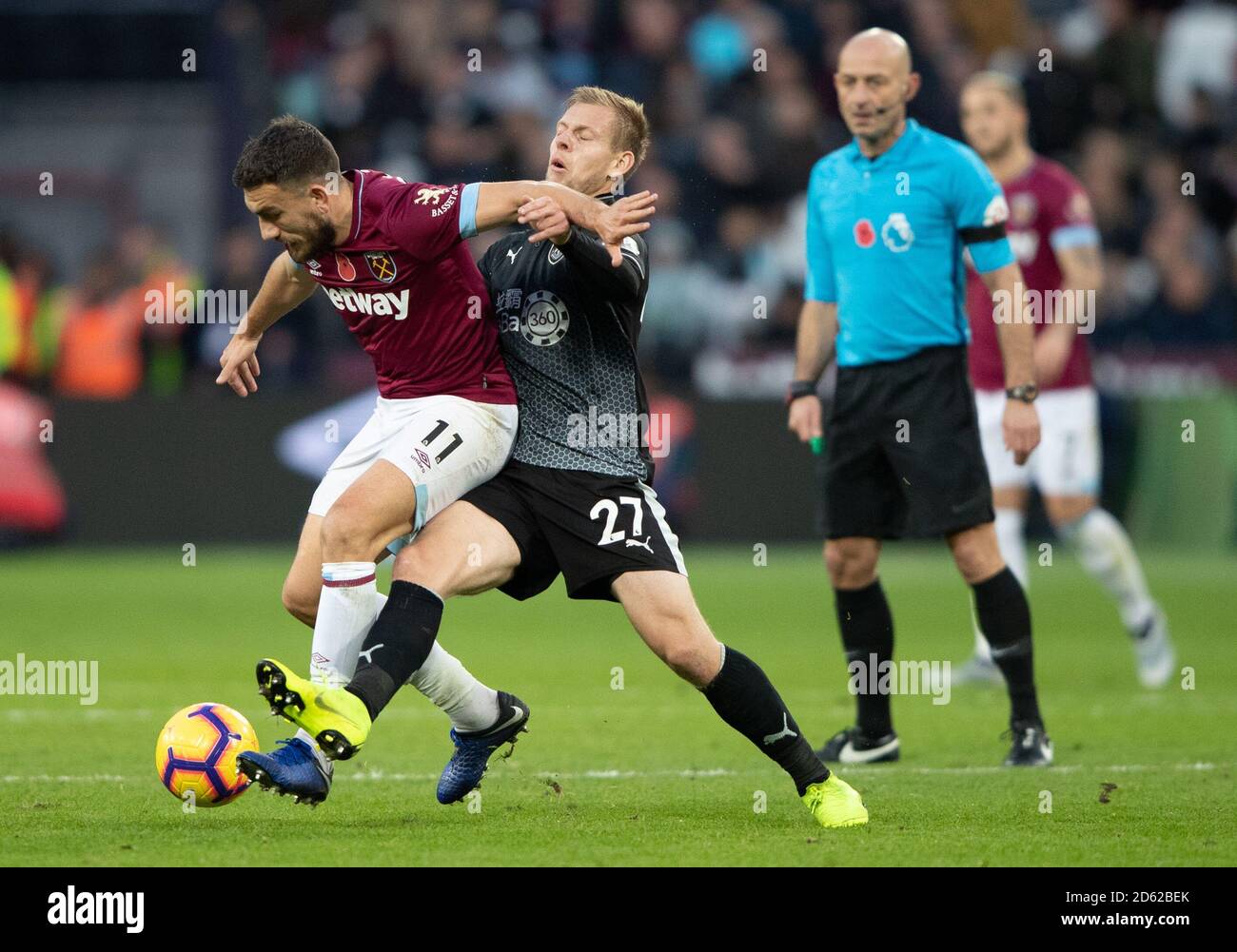 Burnley's Matej Vydra and West Ham United's Robert Snodgrass battle for the ball Stock Photo