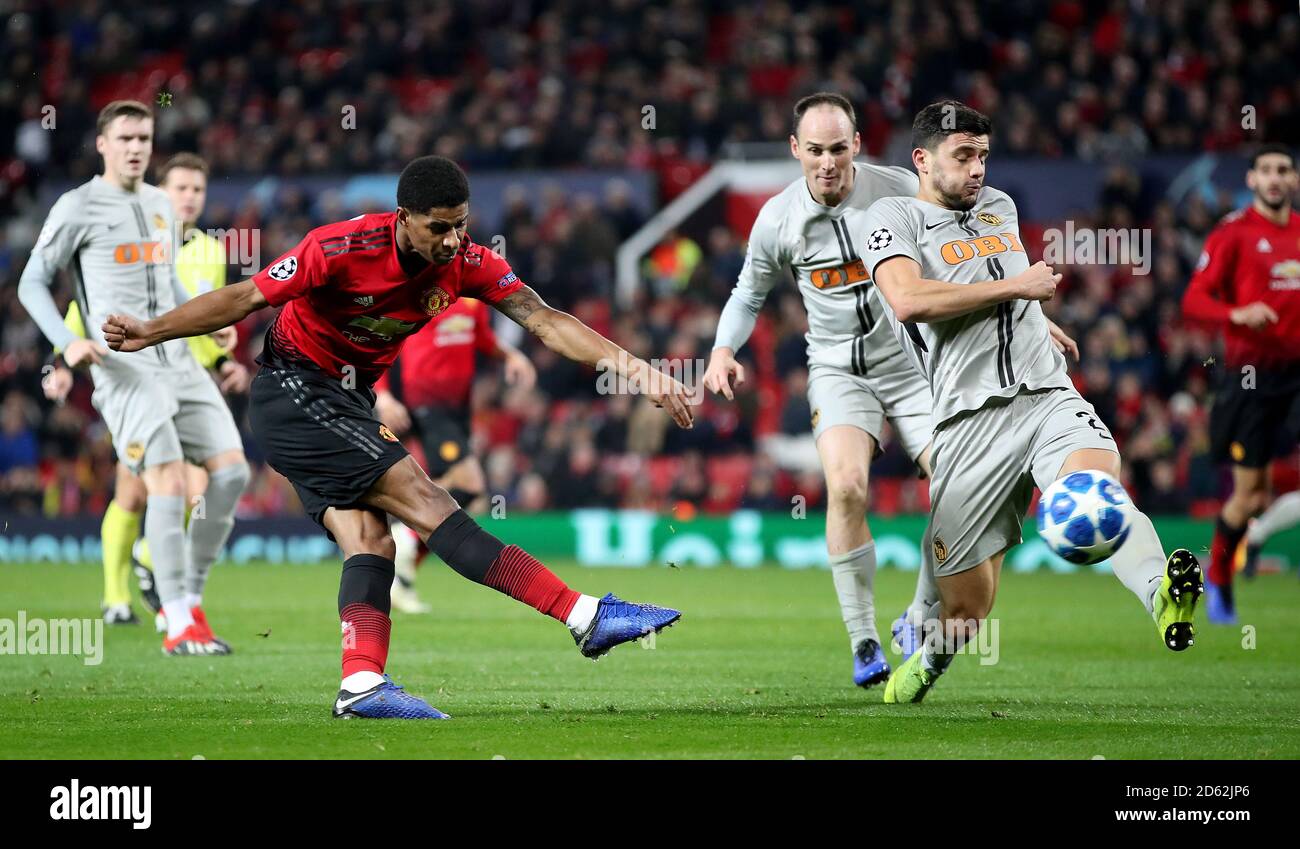 Manchester United's Marcus Rashford has a shot on goal Stock Photo Alamy