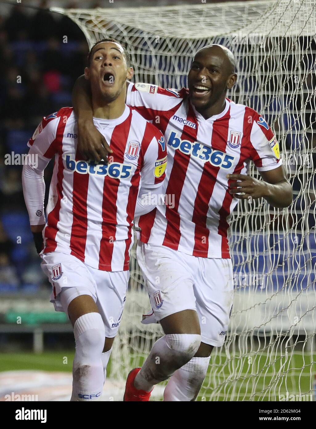 Stoke City's Tom Ince celebrates scores his side's second goal of the gamel with Benik Afobe  Stock Photo