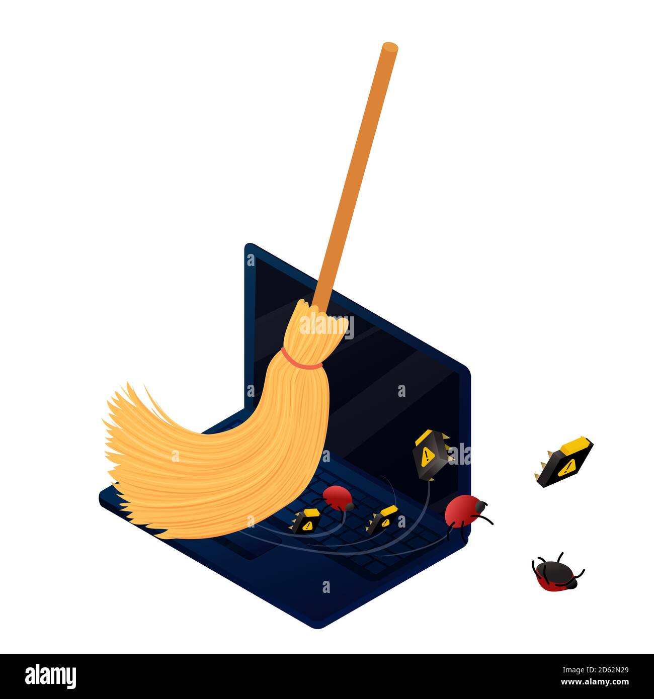 Computer debugging concept. Broom cleaning laptop from bugs and viruses. Isometric vector illustration data protection, information security. Stock Vector