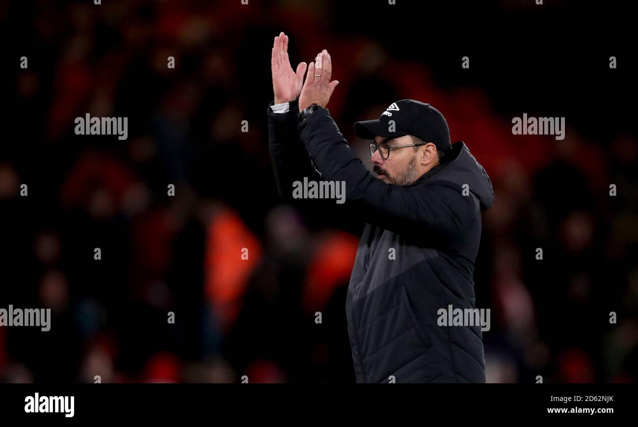 Huddersfield Town manager David Wagner applauds the fans at the end of the match Stock Photo