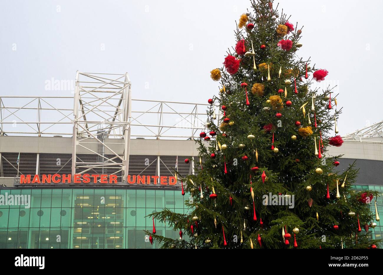 Christmas tree outside Old Trafford before Manchester United's and Fulham's game Stock Photo Alamy