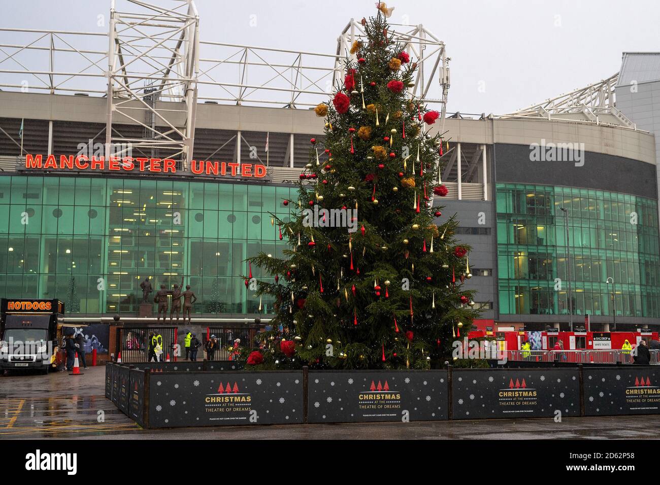 Christmas tree outside Old Trafford before Manchester United's and Fulham's game Stock Photo