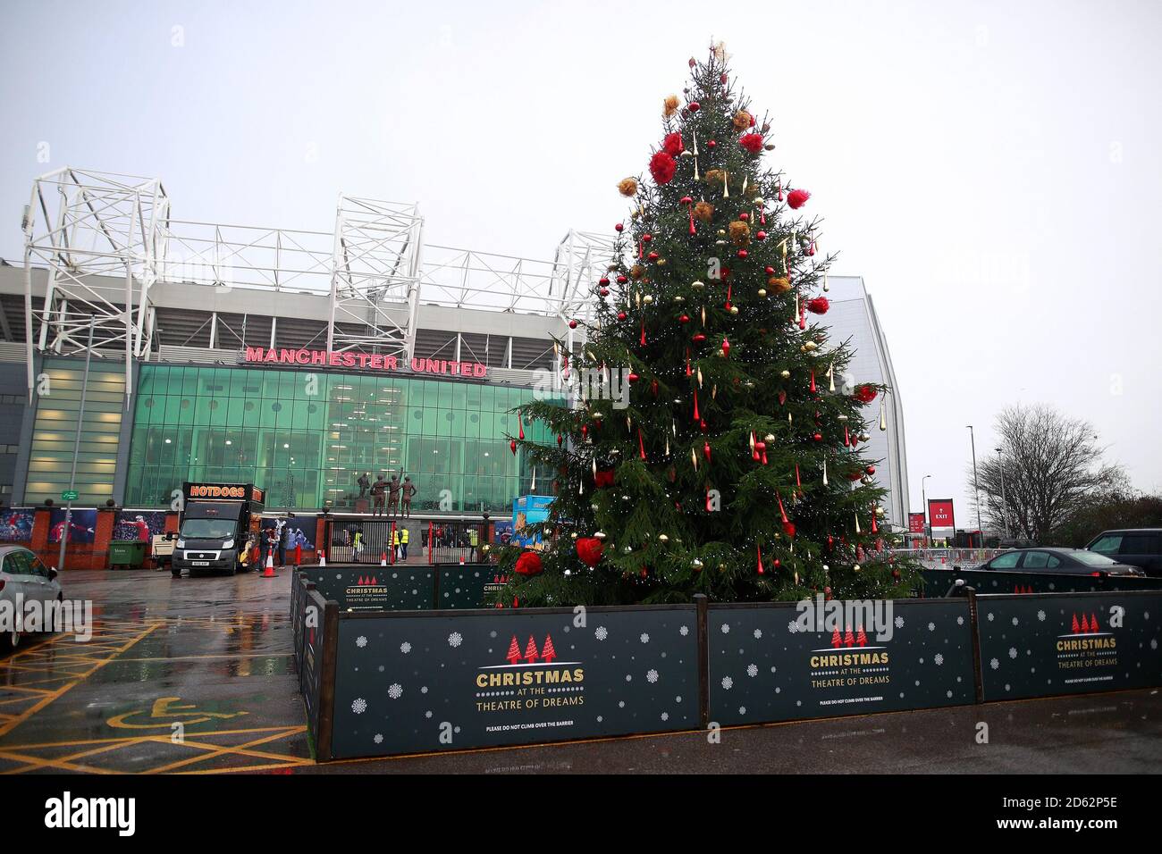 Christmas tree outside Old Trafford before Manchester United's and Fulham's game Stock Photo Alamy