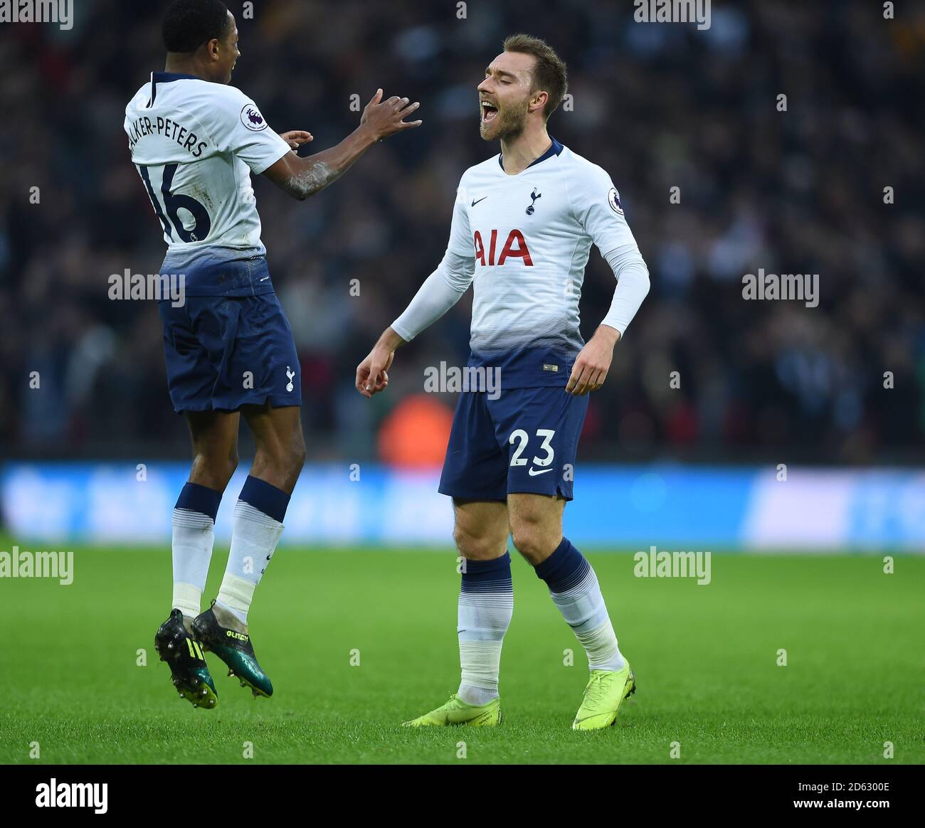 Tottenham Hotspur's Christian Eriksen celebrates scoring his side's first goal of the game with Kyle Walker-Peters (left) Stock Photo